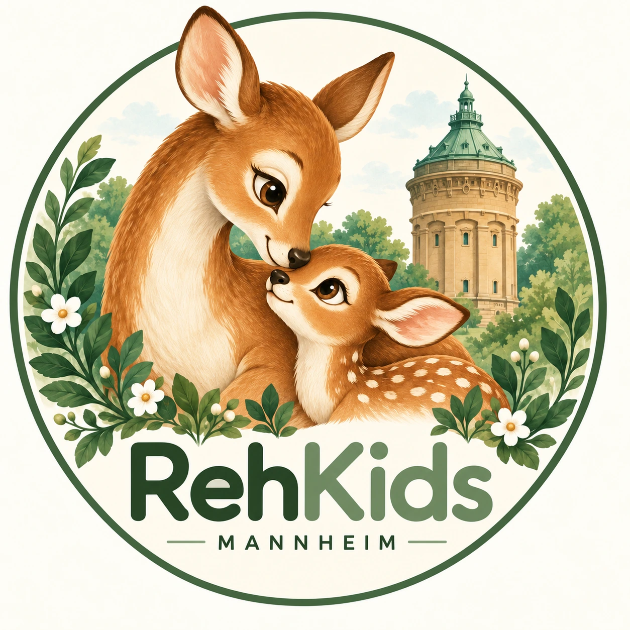 RehKids Mannheim: Rehmutter und Kitz berühren sich liebevoll vor dem Mannheimer Wasserturm.